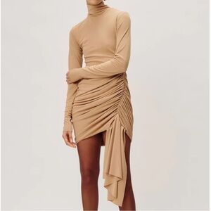 Ronny Kobo- NWT Tan Longsleeve High Neck Ruched Ronaldo Mini Dress